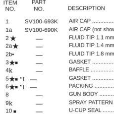 Binks SV100 pressure feed repair kit part list